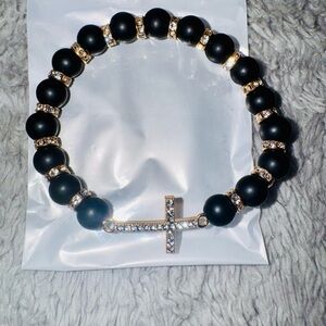 Elegant Black, Gold & Crystal-Beaded Bracelet with Cross Charm- New in Bag